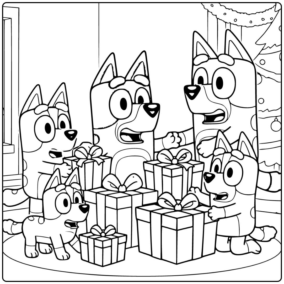 Kleurplaat bluey kerst: Bluey zit bij stapel cadeaus