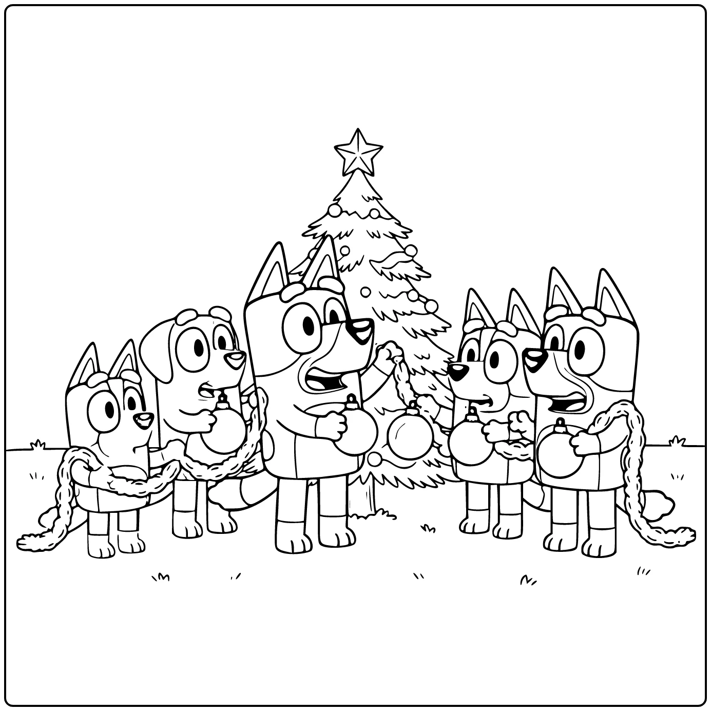 Kleurplaat bluey kerst: Bluey plaatst ster op kleine buitenkerstboom