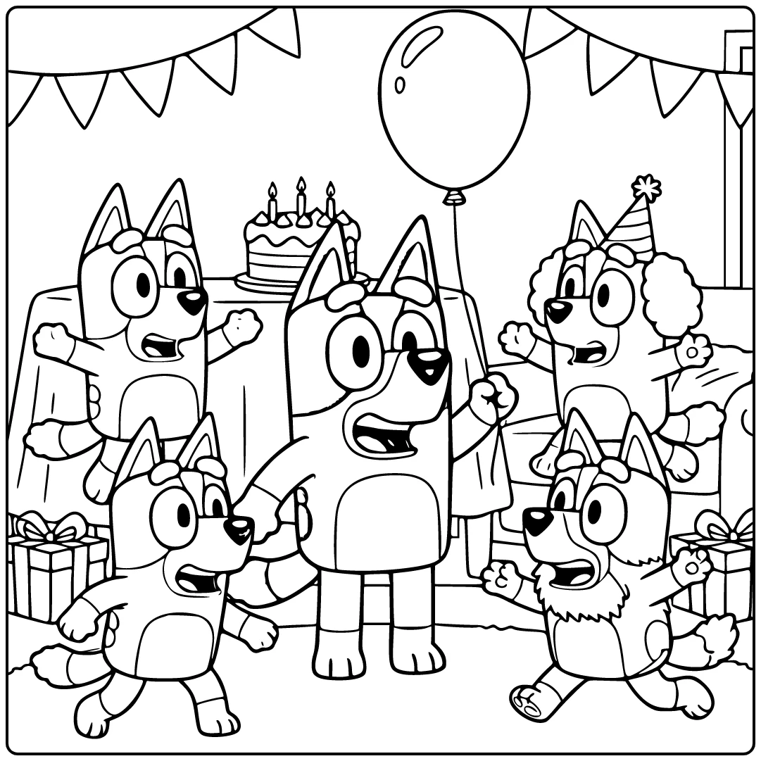 kleurplaat bluey verjaardag: Bluey met feestballon, Bingo, Judo, Coco, Mack