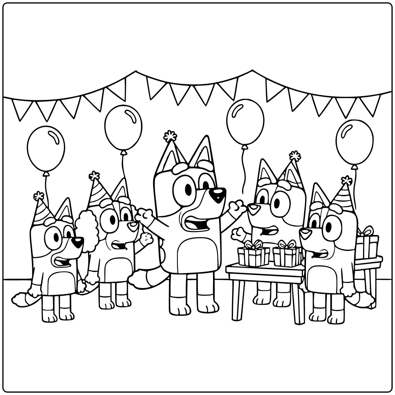 Kleurplaat Bluey verjaardag met Bingo, Coco en Macke