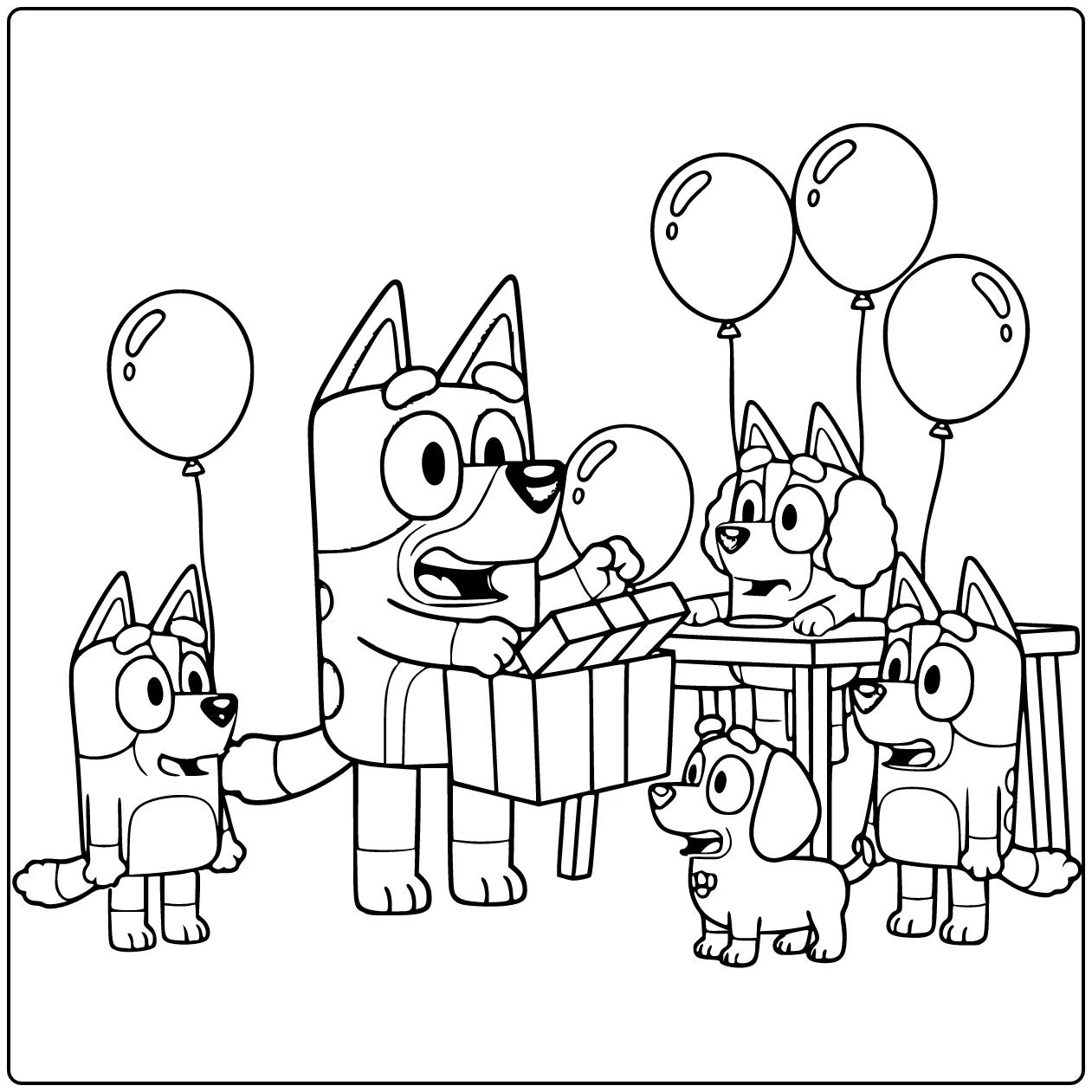 kleurplaat bluey verjaardag: Bluey opent cadeau met Bingo Coco Socks