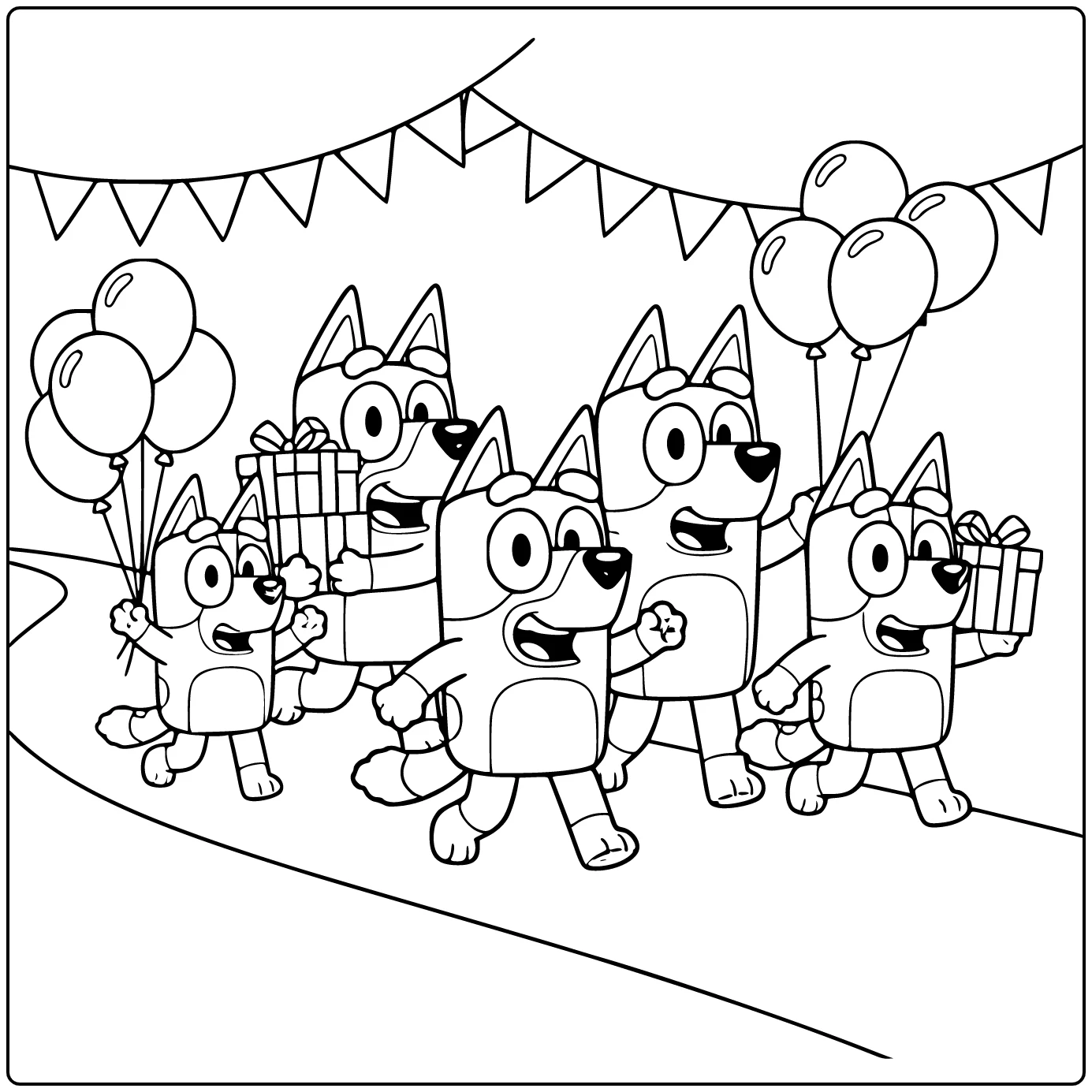 kleurplaat bluey verjaardag: Bluey leidt parade met Bingo Bandit Chilli