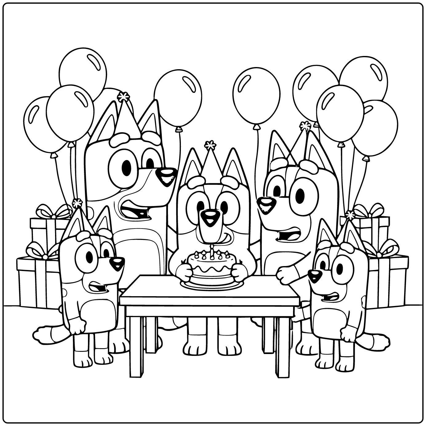Kleurplaat bluey verjaardag: Bluey met taartje aan feesttafel
