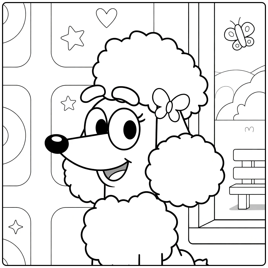 Kleurplaat coco bluey: poedel met strik bij raam