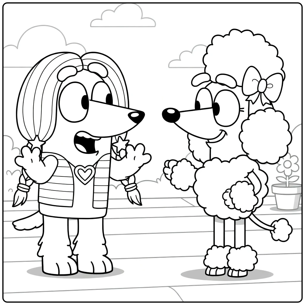 kleurplaat coco bluey: bluey en poedel coco
