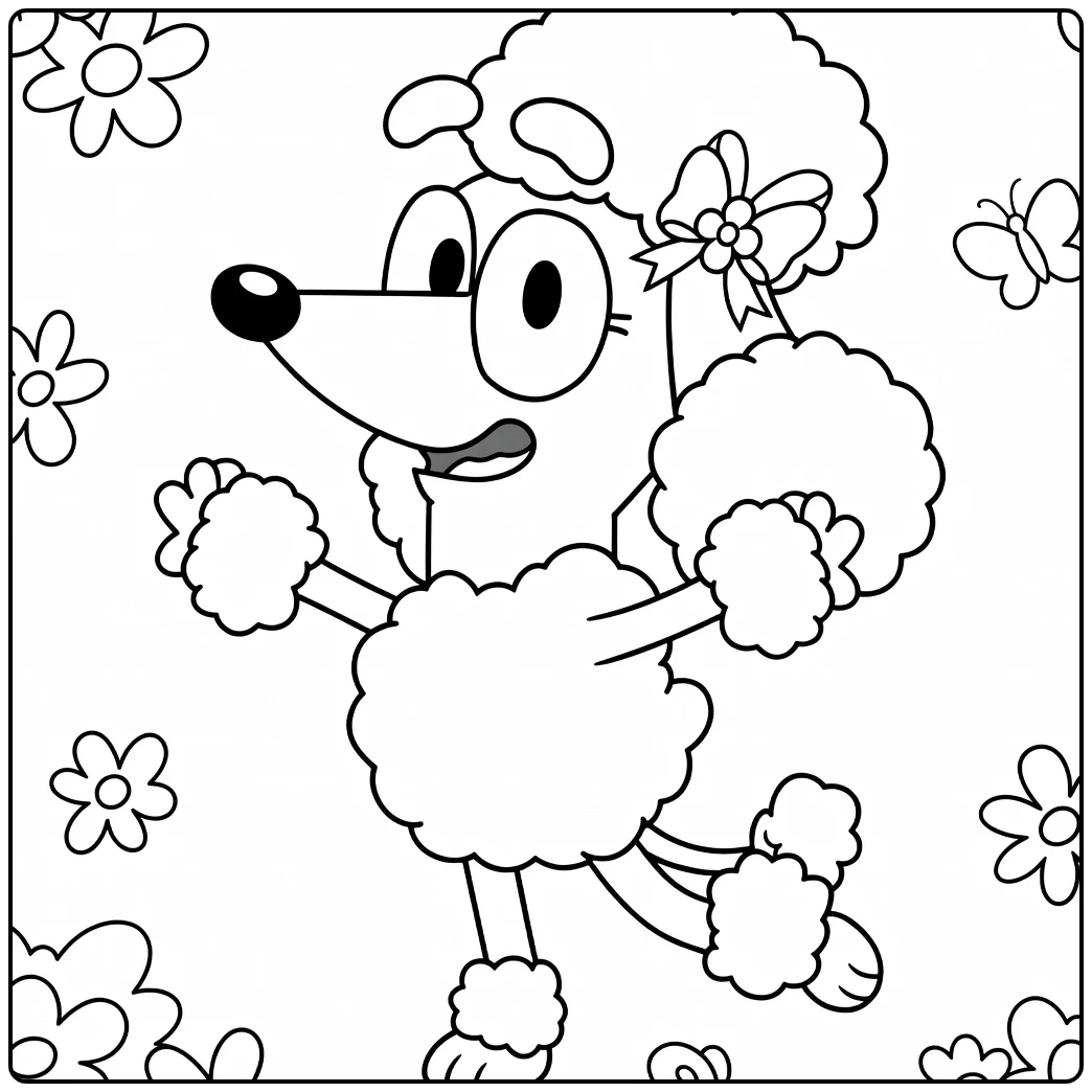 Kleurplaat coco bluey: blije poedel met bloemen vlinders