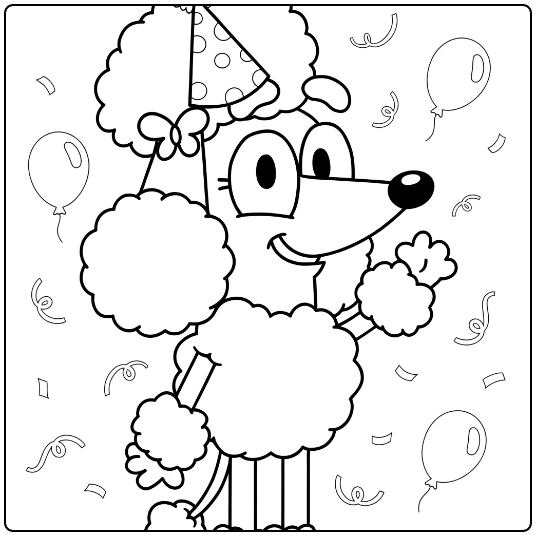 kleurplaat coco bluey met partymuts, ballonnen en confetti