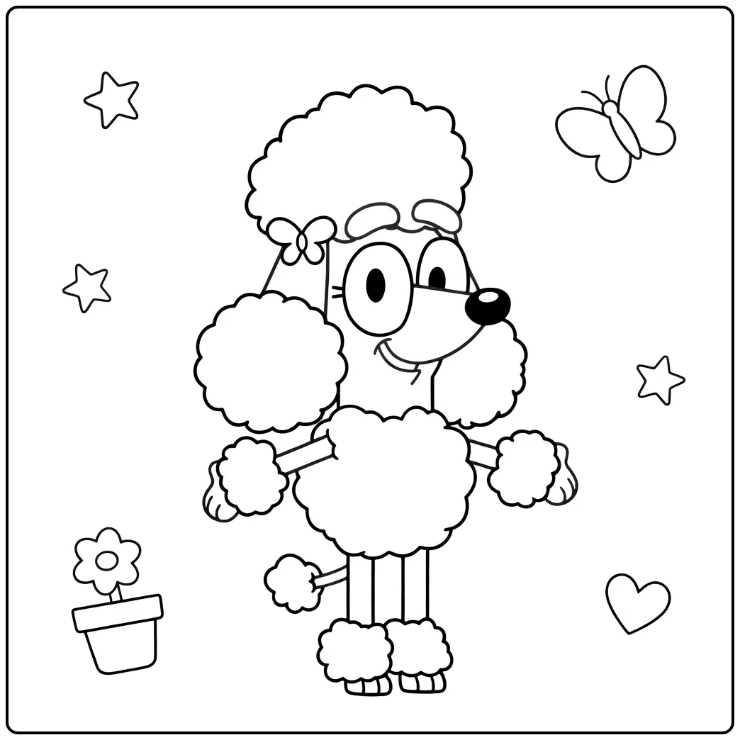Kleurplaat Coco Bluey poedel met vlinders sterretjes