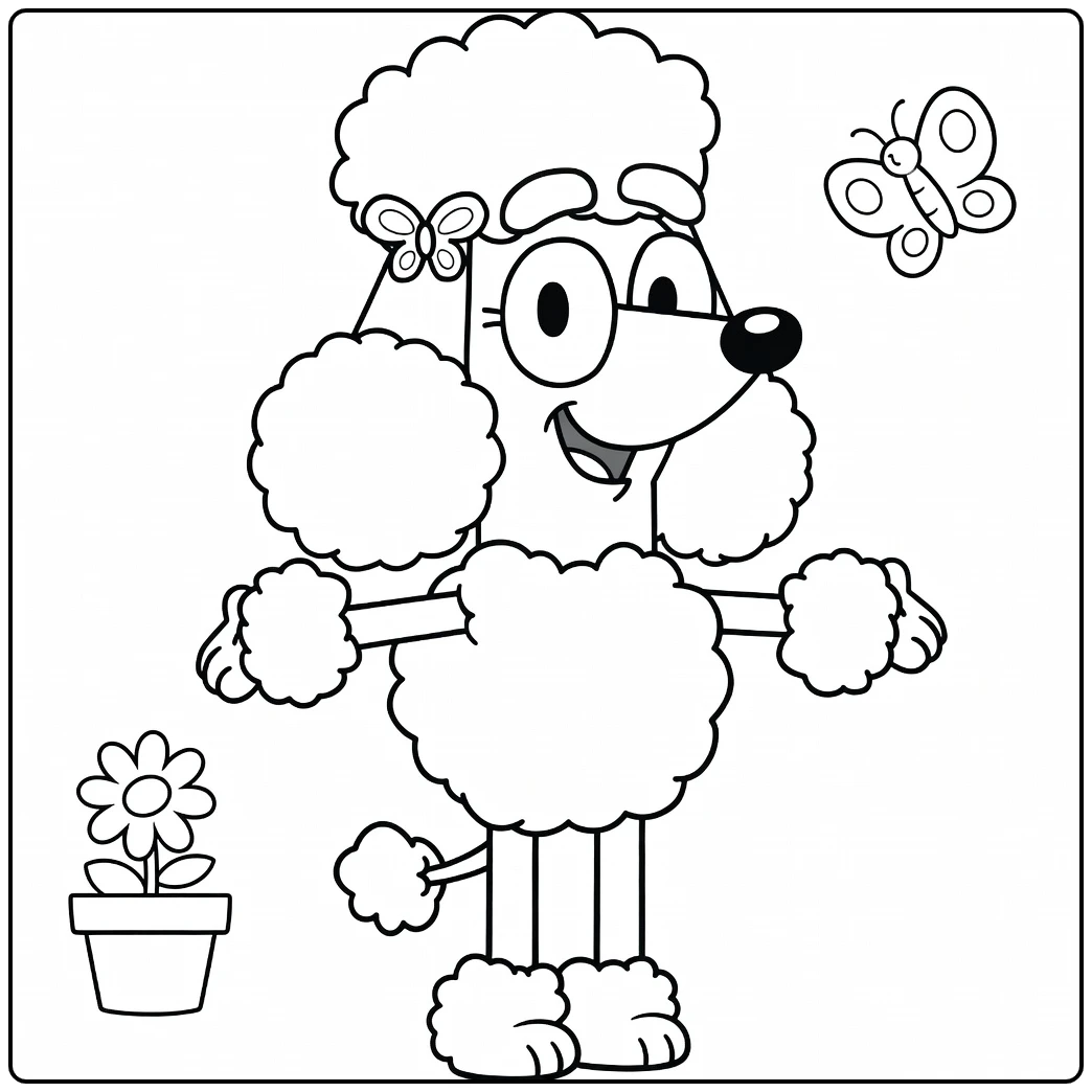 Kleurplaat coco bluey poedel met vlinders en bloem
