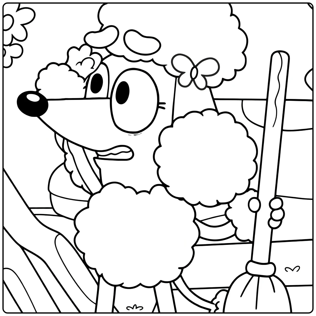 Kleurplaat Coco Bluey poedel veegt met bezem
