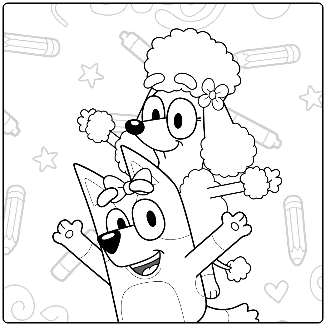 kleurplaat coco bluey: Bluey draagt poedel Coco