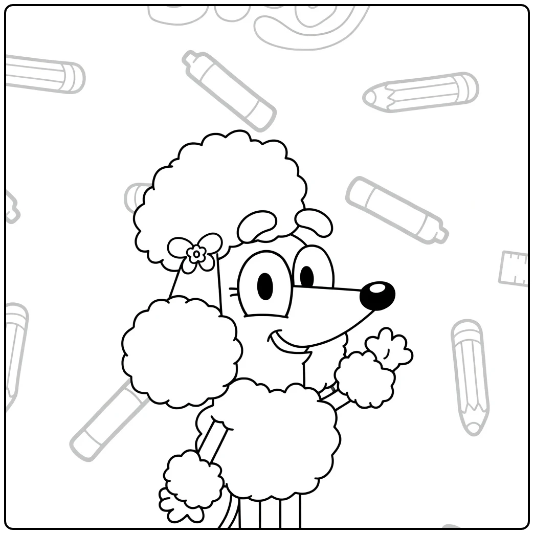 kleurplaat coco bluey poedel met strik en glimlach