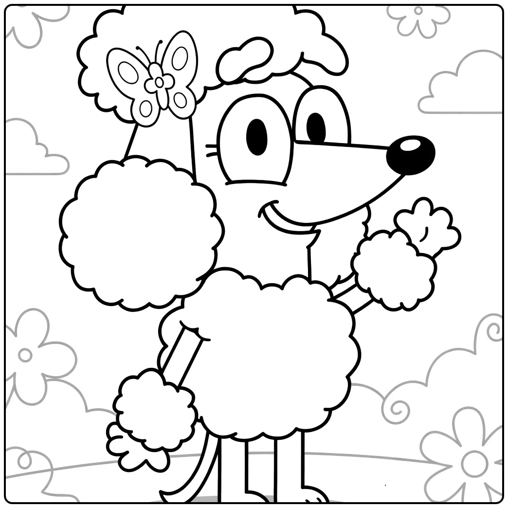 Kleurplaat Coco Bluey: poedel met vlinder, bloemen, wolken