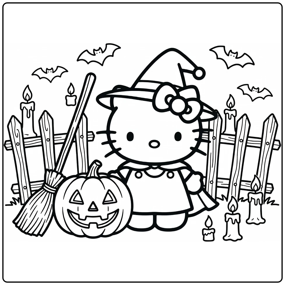 kleurplaat halloween hello kitty heks met pompoen en bezem