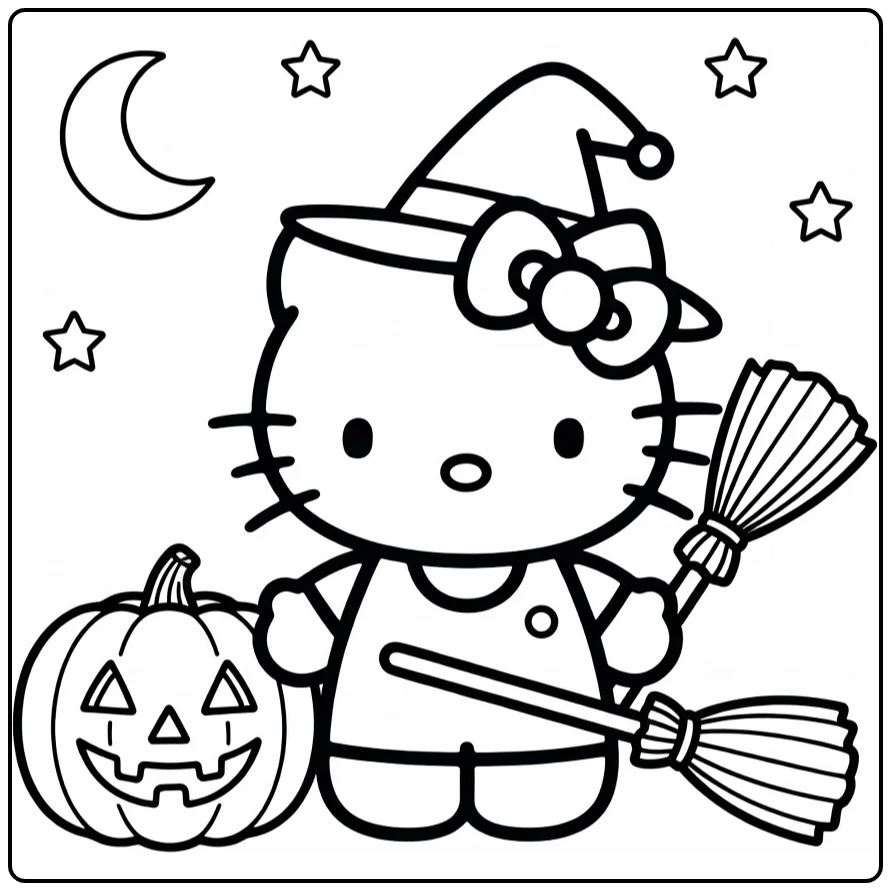 kleurplaat halloween hello kitty heks met pompoen bezem