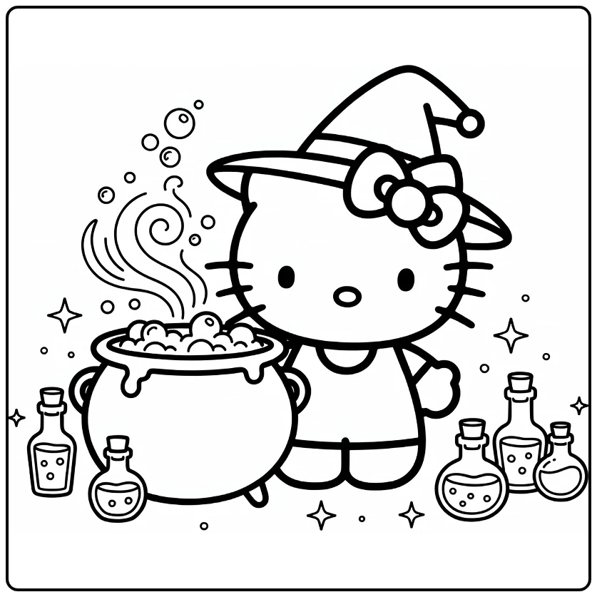 kleurplaat halloween hello kitty met heksenhoed en ketel