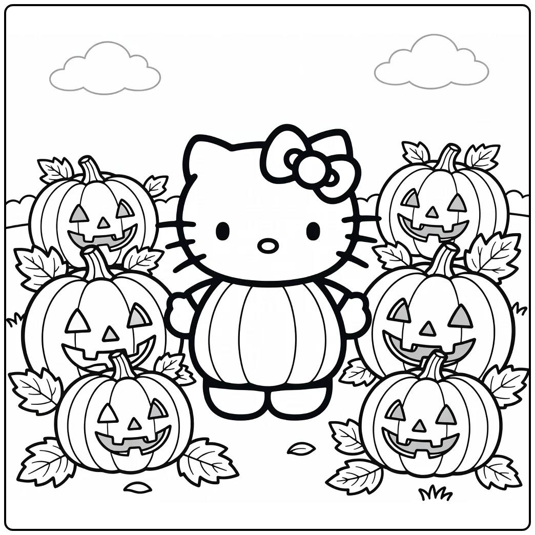 kleurplaat halloween hello kitty in pompoenkostuum met pompoenen