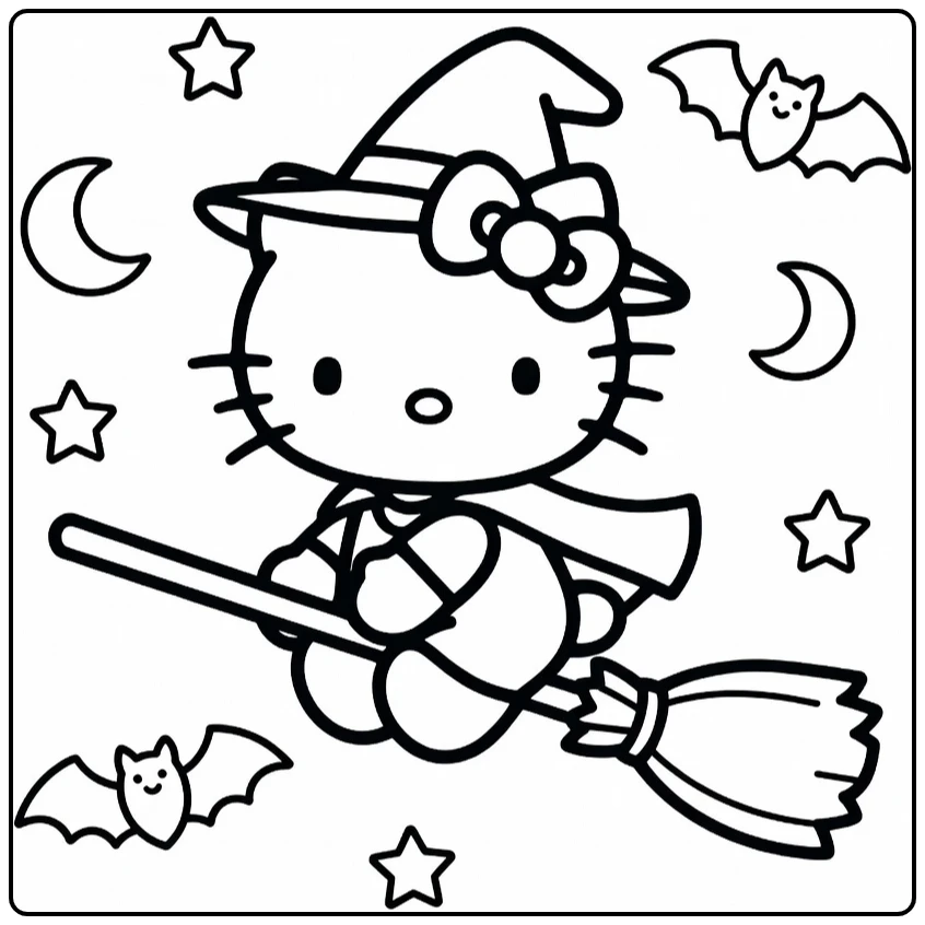 Kleurplaat Halloween Hello Kitty op bezem met sterren maan
