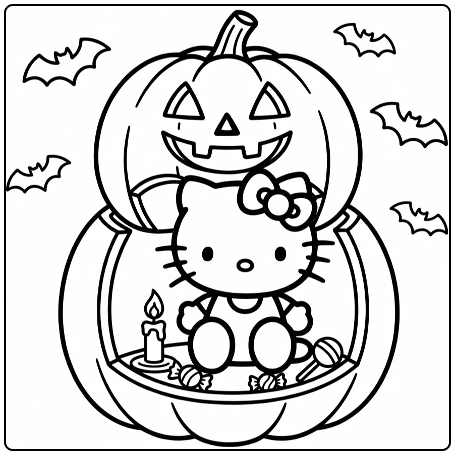 Kleurplaat halloween hello kitty in knusse pompoen met kaars
