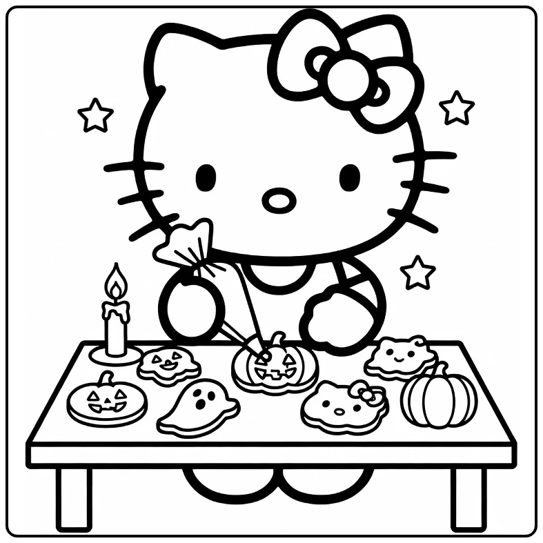 kleurplaat halloween hello kitty versiert pompoen spoken koekjes
