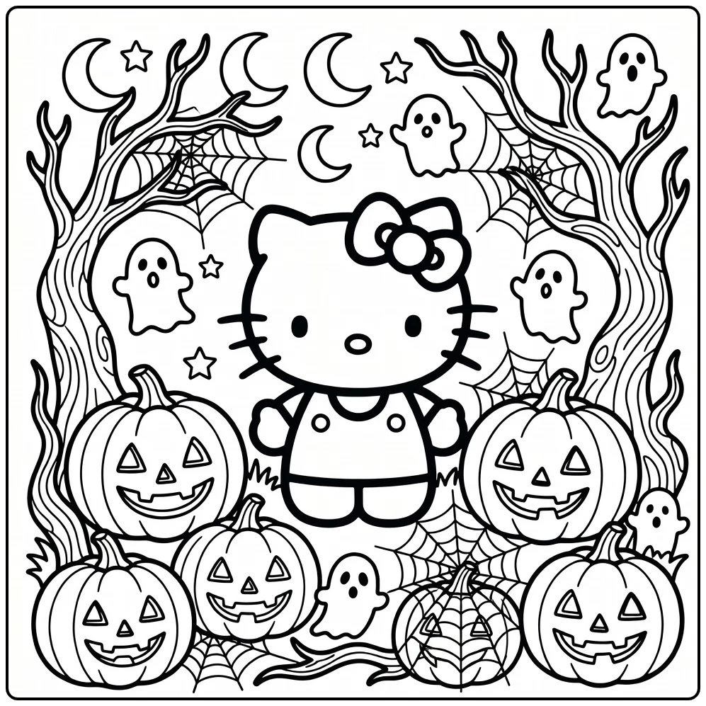 kleurplaat halloween hello kitty spooktuin pompoenen spookjes