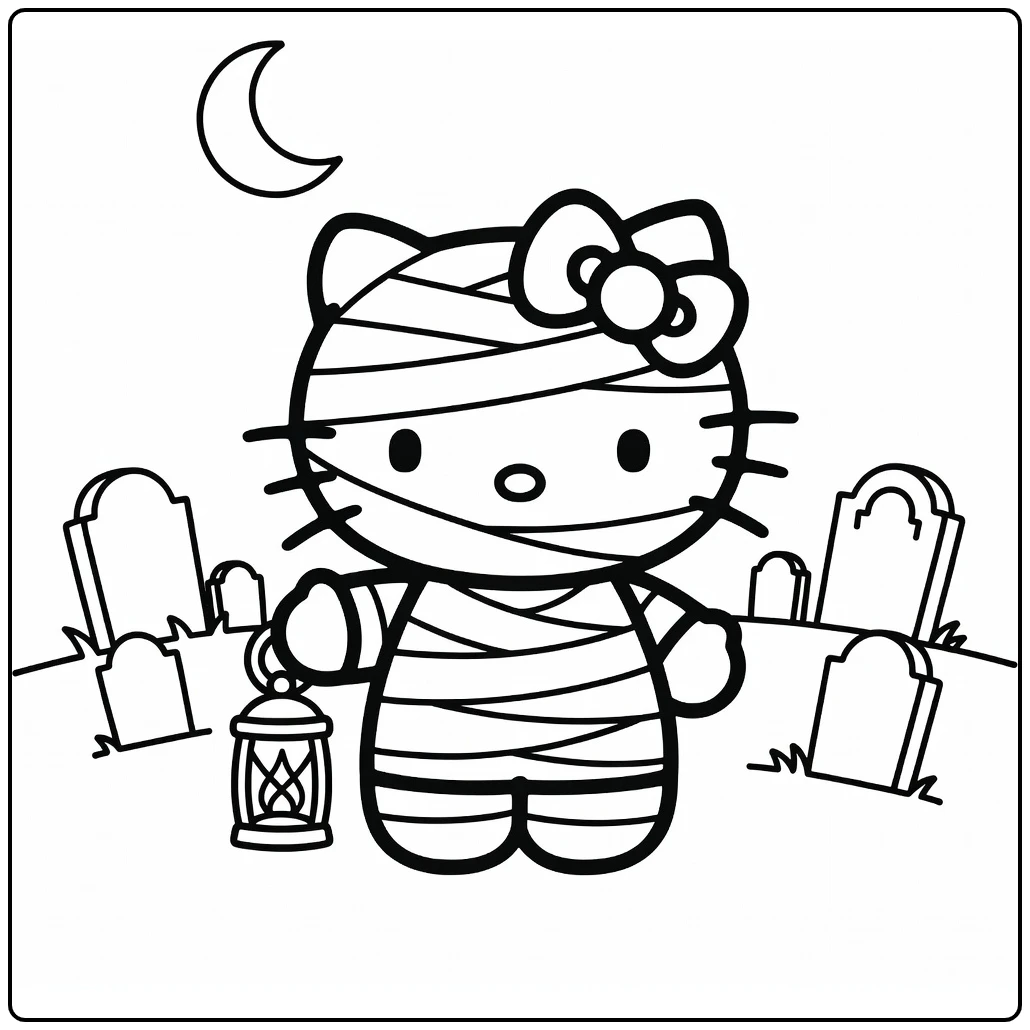 kleurplaat halloween hello kitty als mummie met lantaarn en graf