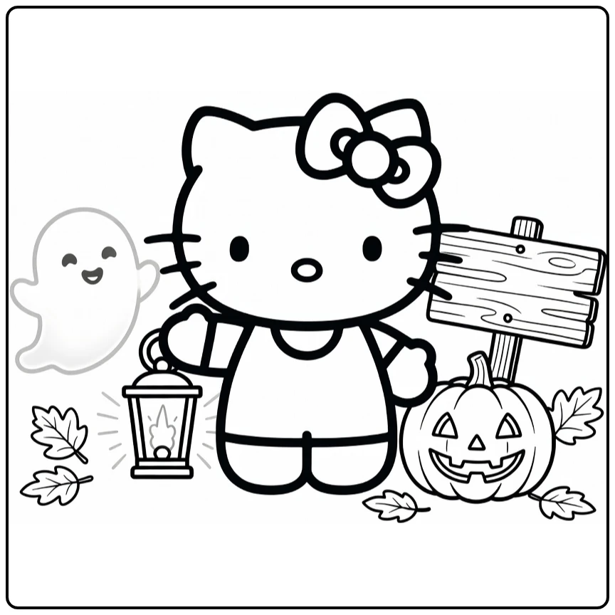 kleurplaat halloween hello kitty met lantaarn, spook en pompoen