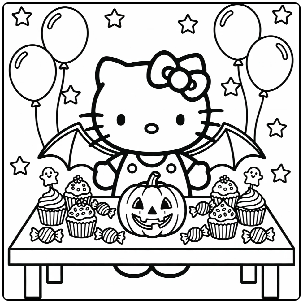 kleurplaat halloween hello kitty met vleermuiskostuum snoep