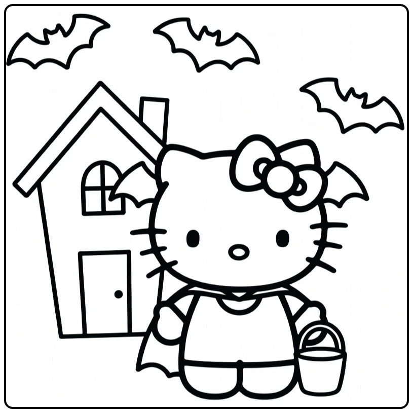 kleurplaat halloween hello kitty als vampier met snoepemmer spookhuis