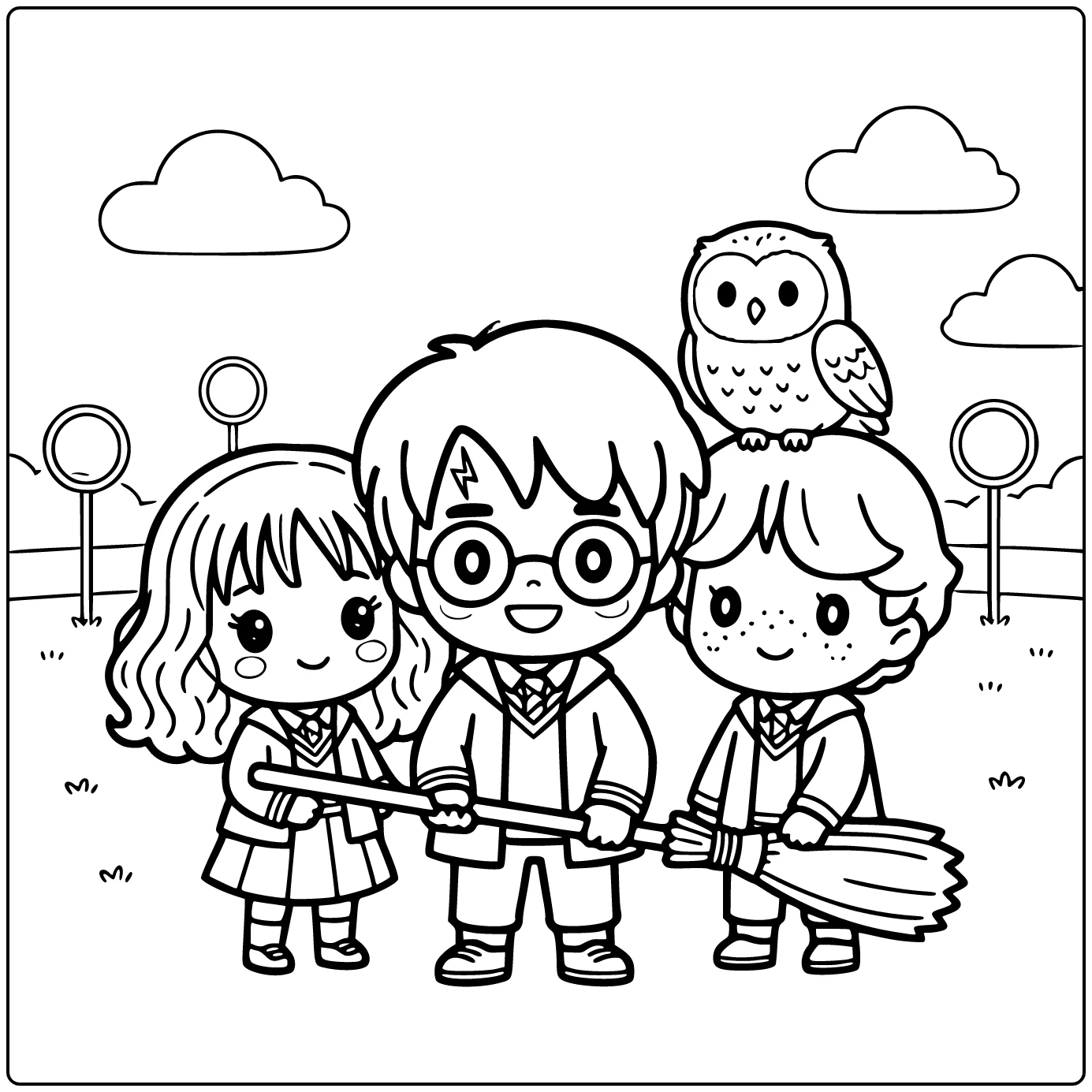 kleurplaat harry potter schattig met bezemstok vasthoudend