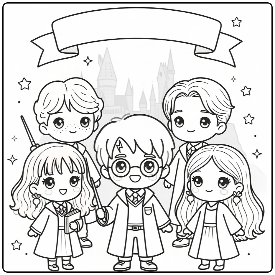 kleurplaat harry potter schattig met Harry en Hermione vrolijk