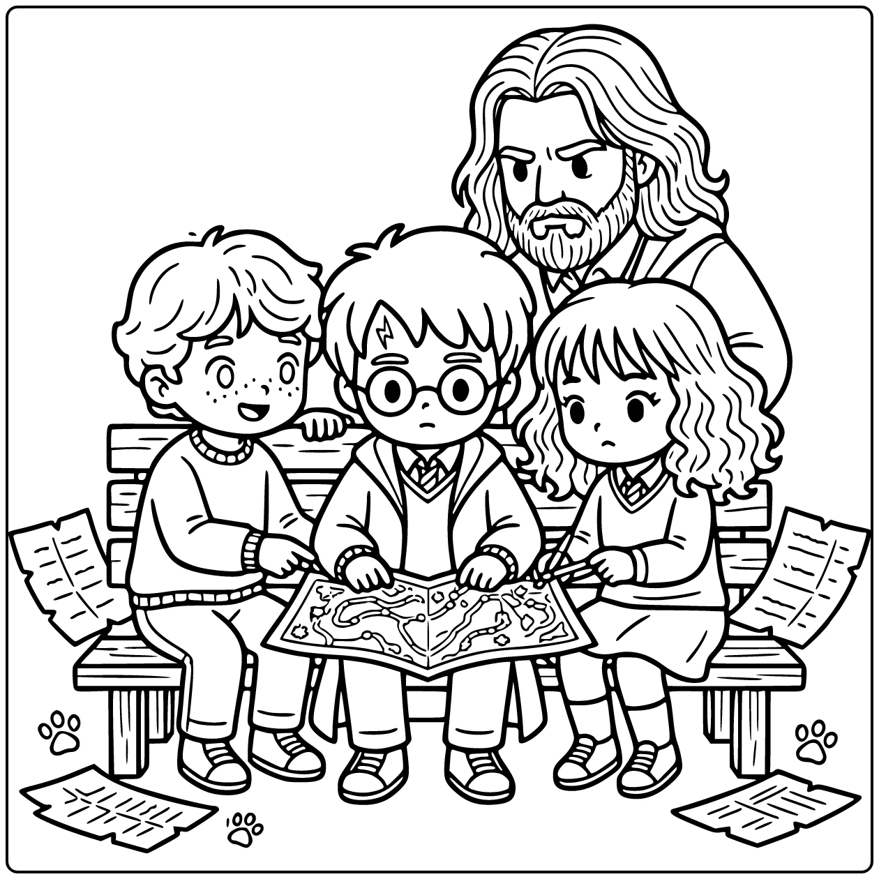 kleurplaat harry potter schattig: Harry leest magische map met Ron