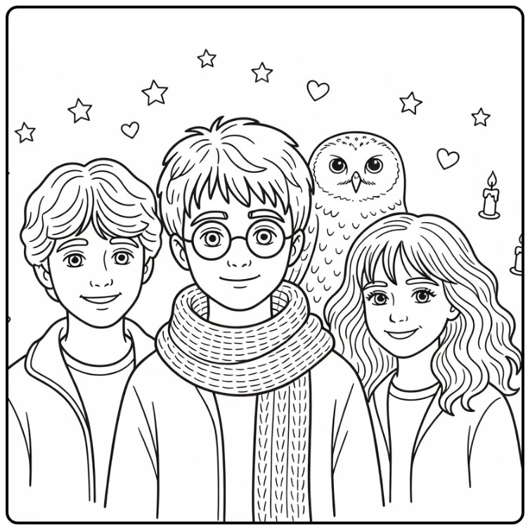 kleurplaat harry potter schattig met Hedwig, Hermione en Ron