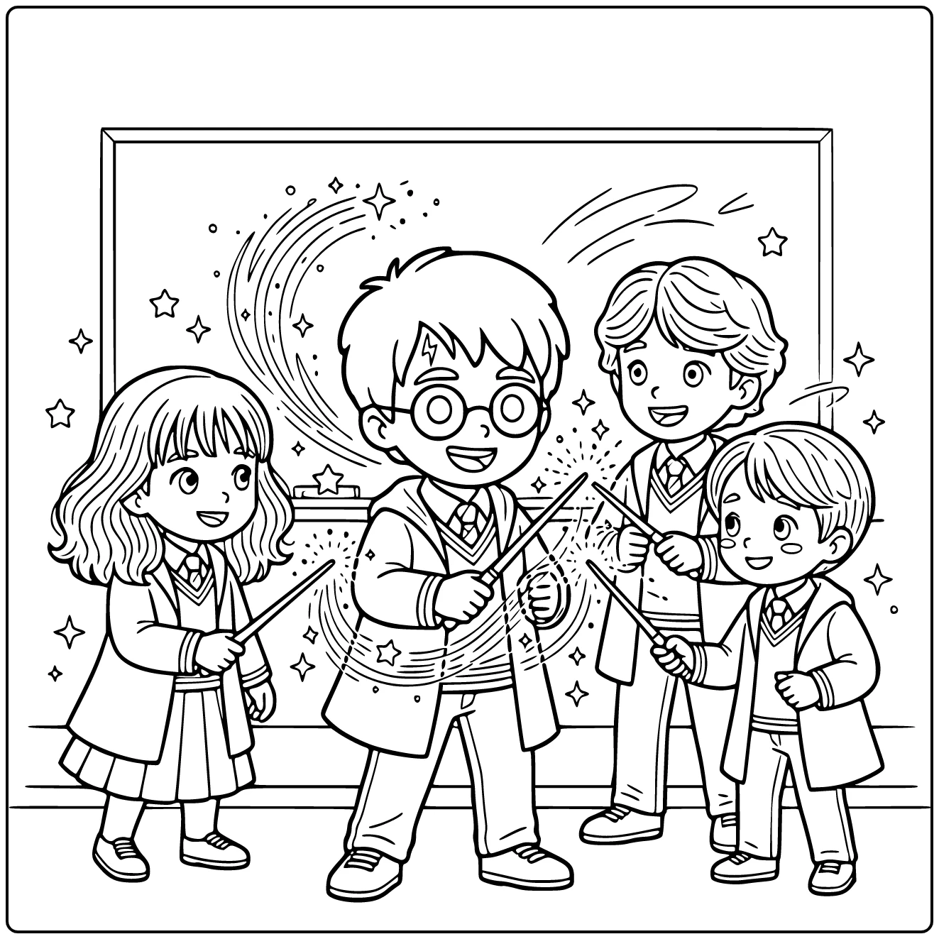 kleurplaat harry potter schattig Harry oefent spreuk vrolijk