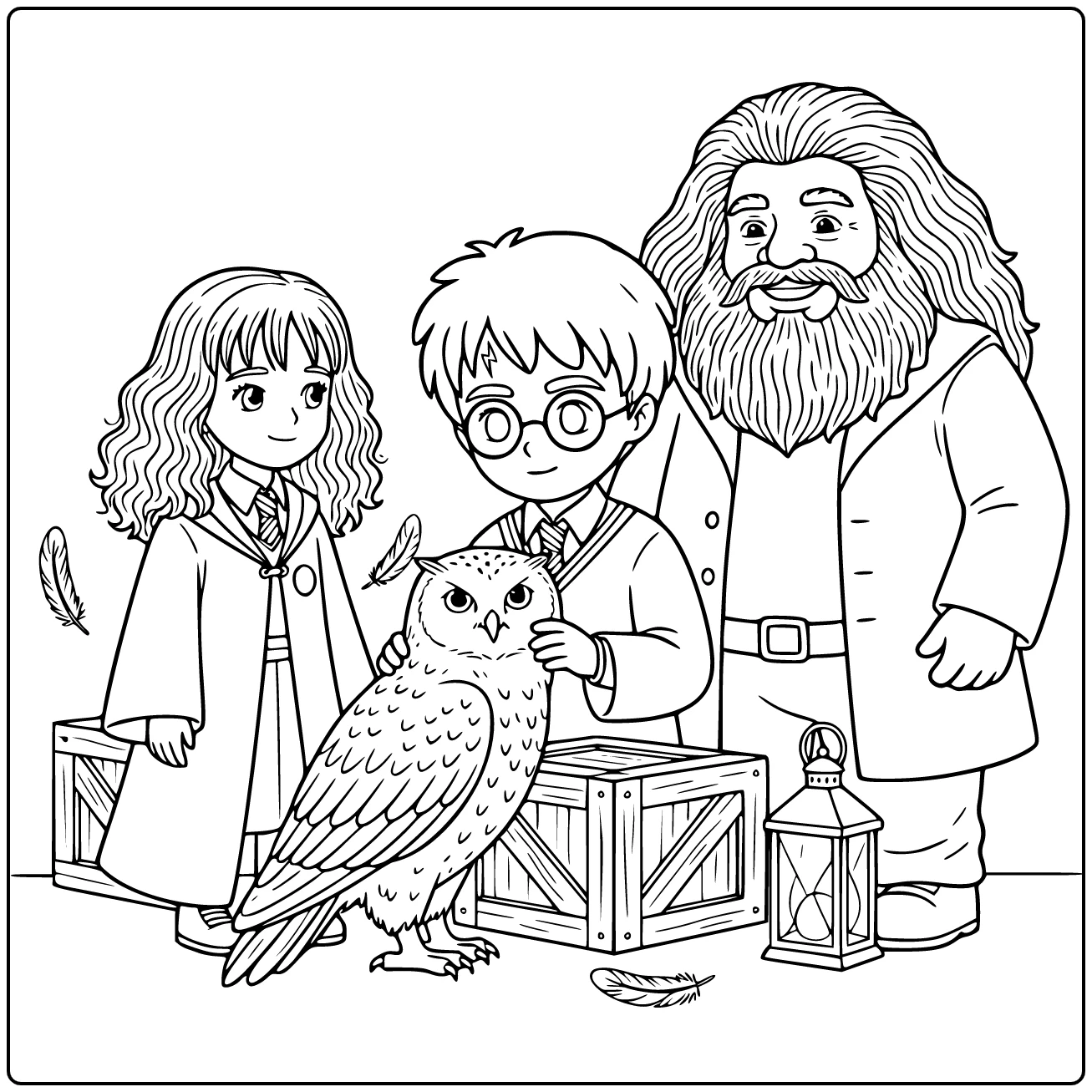 kleurplaat harry potter schattig: Harry aait Hedwig, Hermione
