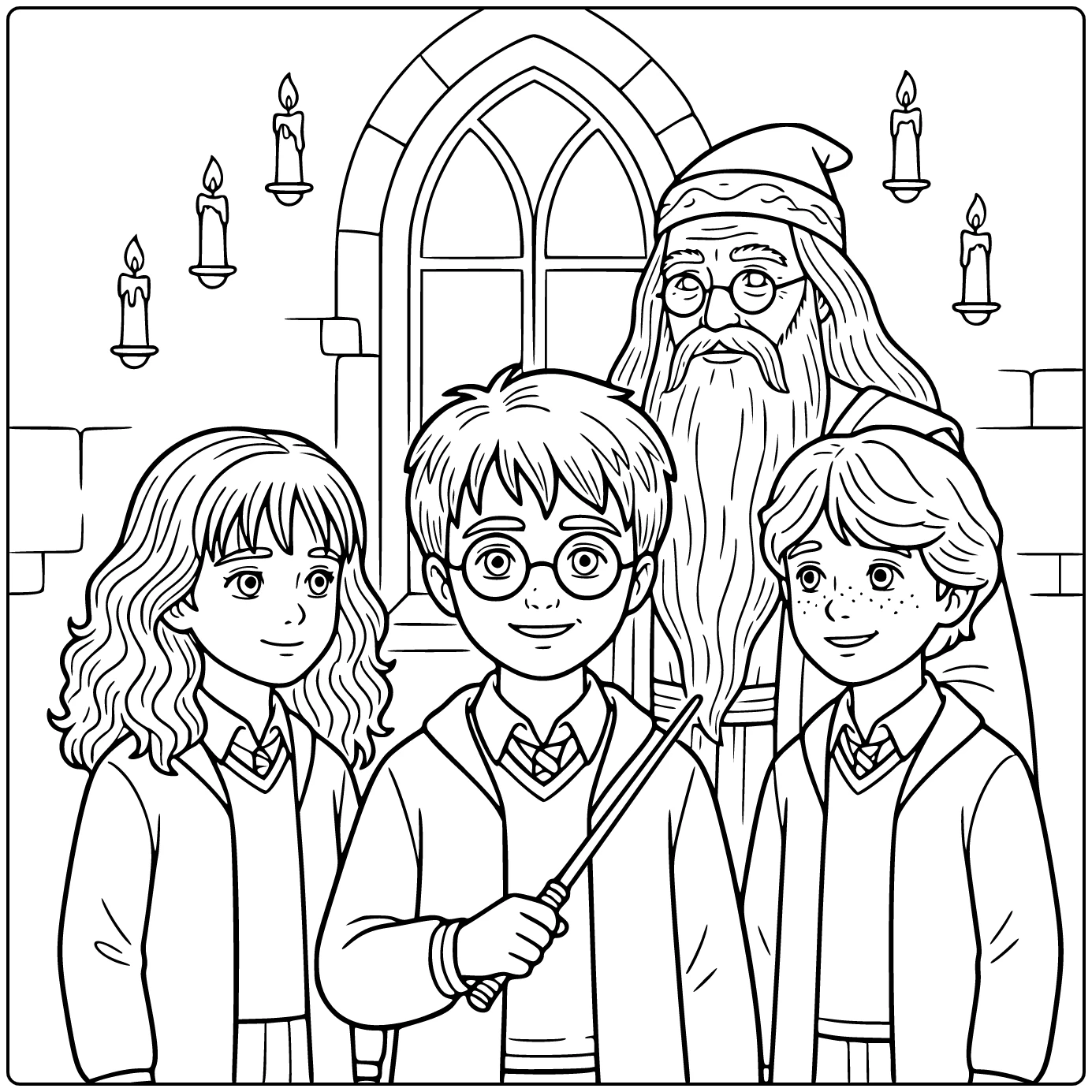 kleurplaat harry potter schattig met toverstaf lachend