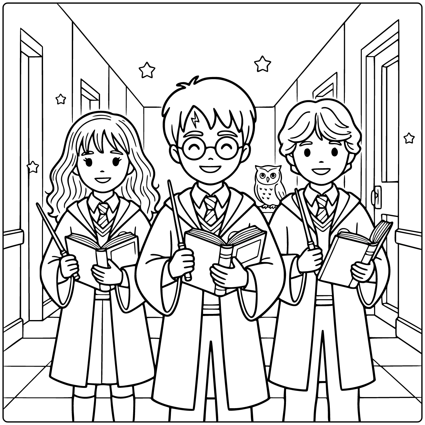 kleurplaat harry potter schattig Harry lachend Hermione Ron