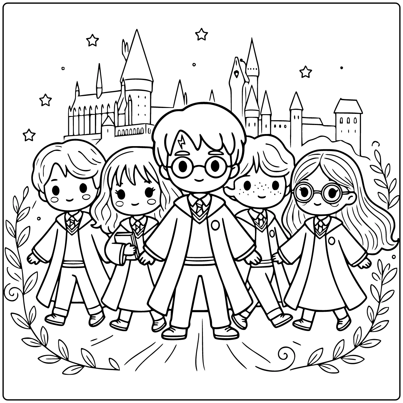 kleurplaat harry potter schattig Harry trots naast Hermione