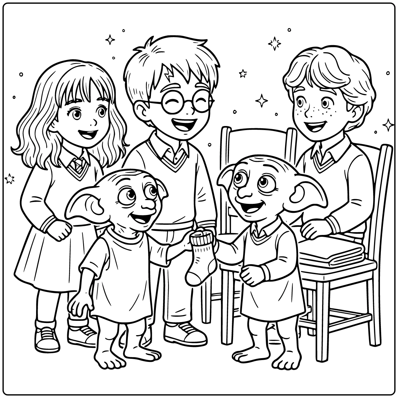 kleurplaat harry potter schattig: lachende Harry met Dobby sok