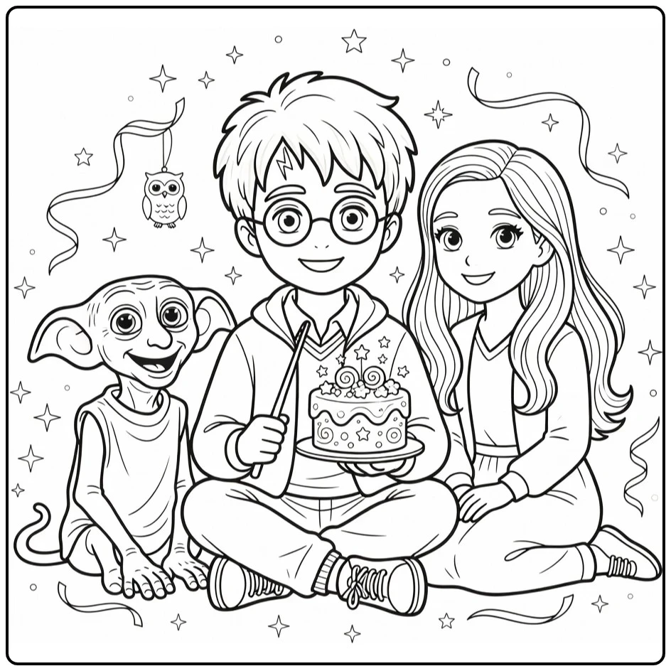kleurplaat harry potter schattig met Dobby en Ginny Weasley