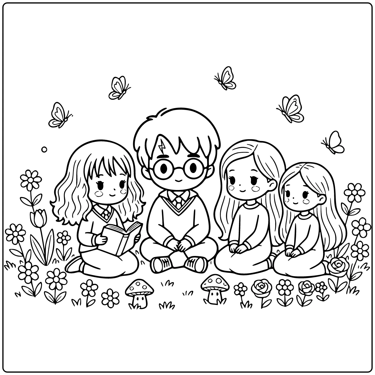 kleurplaat harry potter schattig in vredige tuin genietend