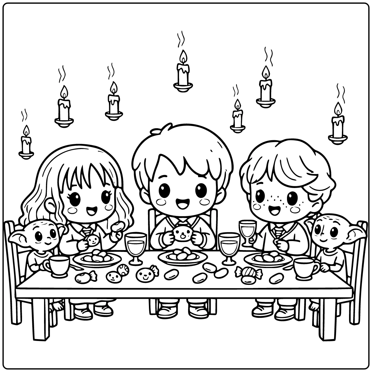 kleurplaat harry potter schattig aan hogwarts tafel