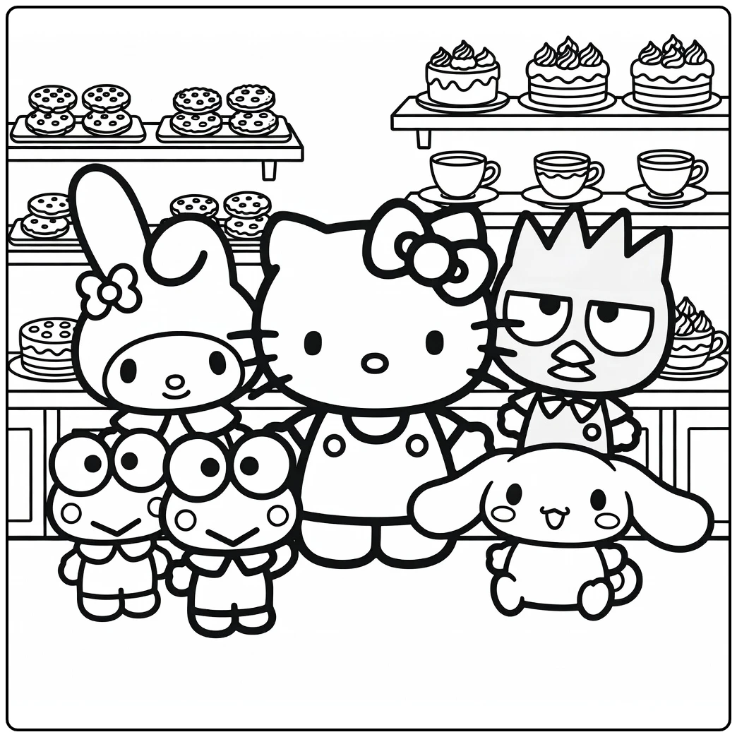 kleurplaat hello kitty and friends in een gezellige bakkerij