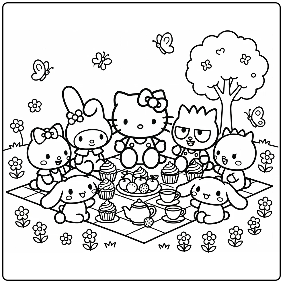 kleurplaat hello kitty and friends picknick in tuin met cupcakes