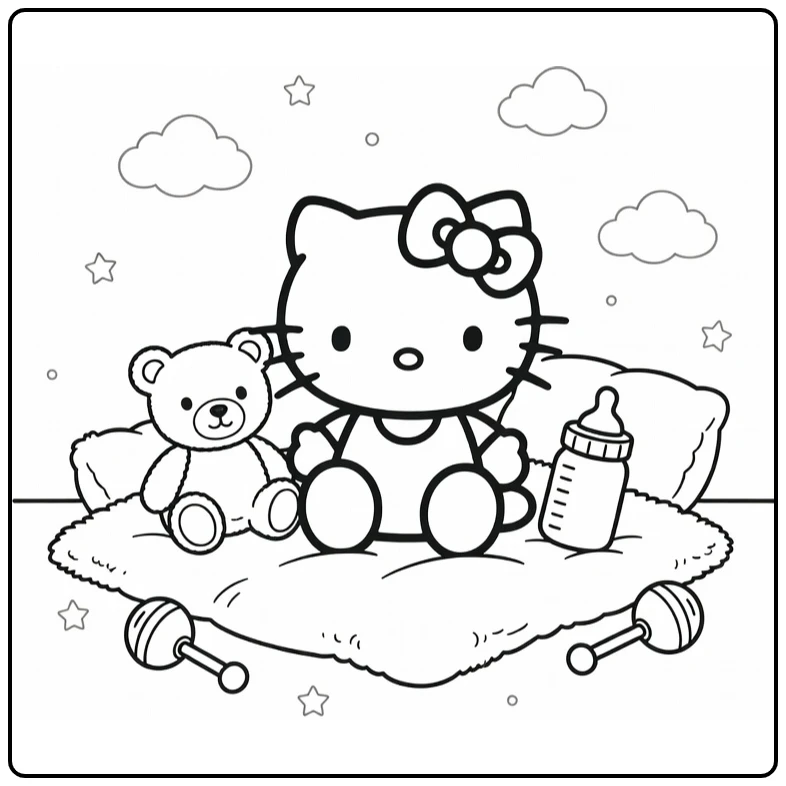 kleurplaat hello kitty baby op deken met teddybeer en fles
