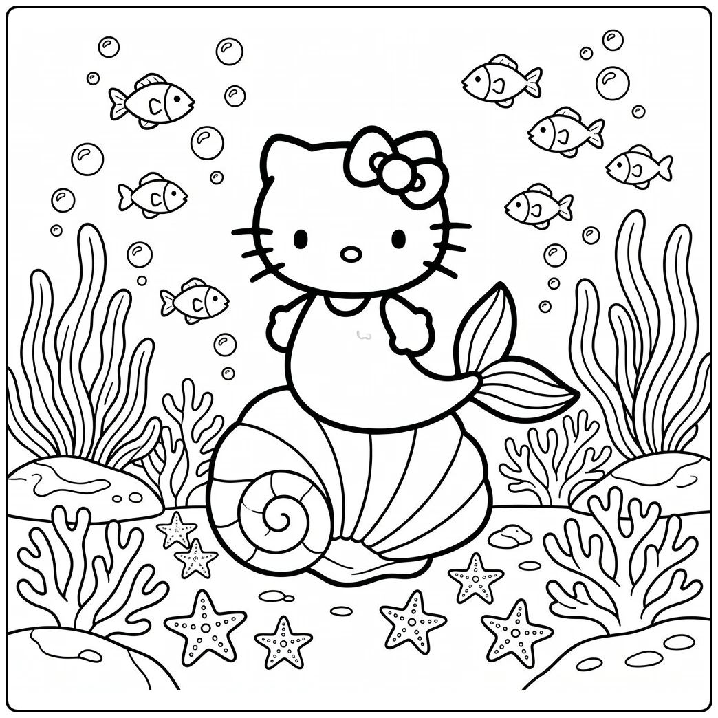 kleurplaat hello kitty zeemeermin op schelp met vissen koraal
