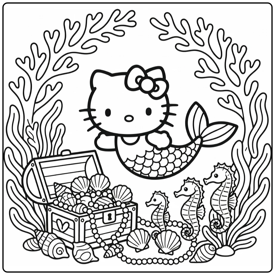 kleurplaat hello kitty zeemeermin met schatkist parels zeepaardjes
