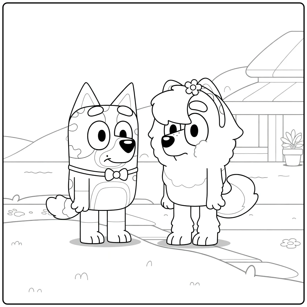 Kleurplaat judo bluey: Bluey met vlinderdas, Bingo met bloem