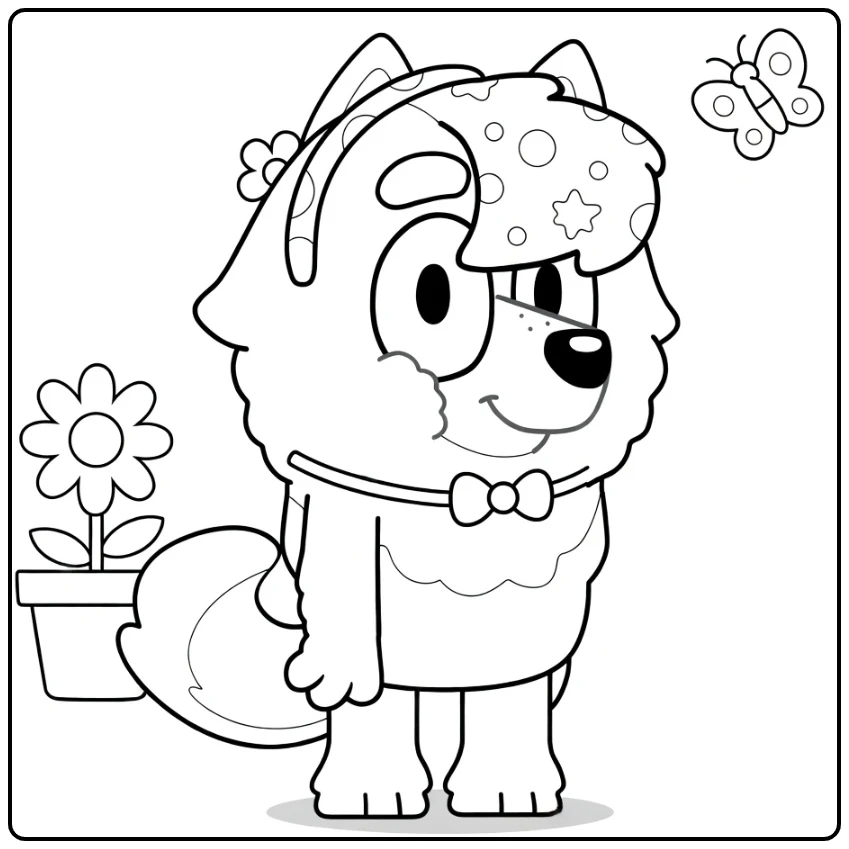 Kleurplaat judo bluey verkleed met vlinder, bloemen en strik