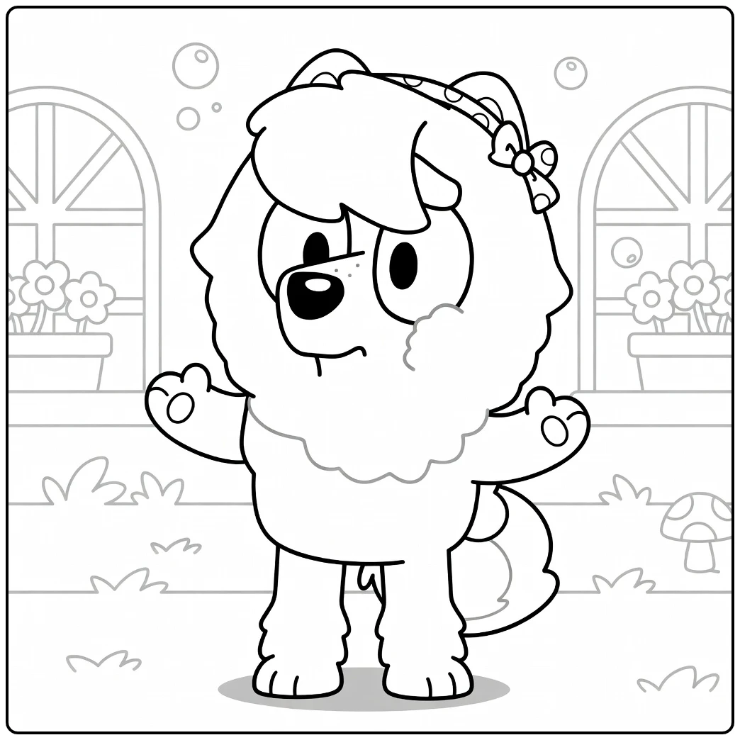 Leuke kleurplaat judo bluey met zeepbellen en bloemen